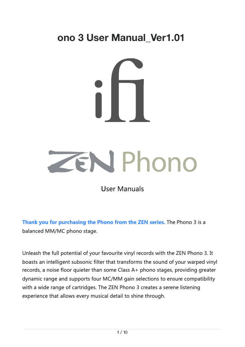 Page n°1 - Manuel utilisateur iFi Audio ZEN Phono 3
