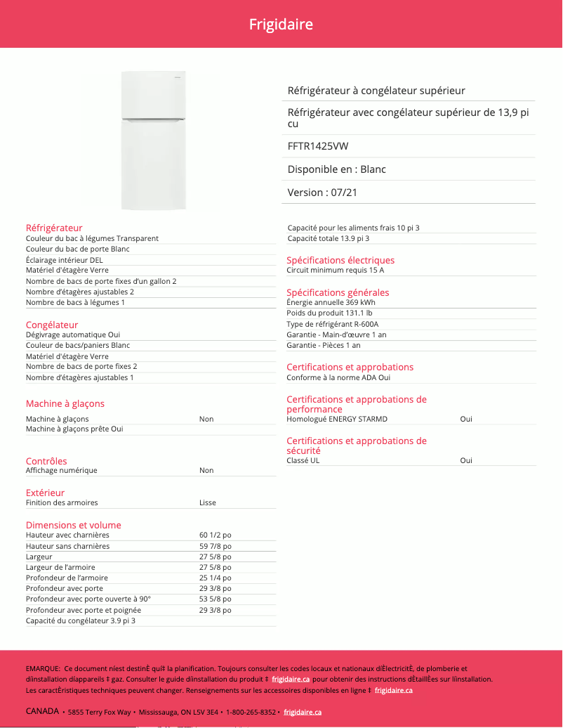 Image de la première page du manuel de l'appareil FFTR1425VW