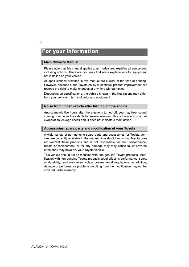 Page 1 de la notice Manuel utilisateur Toyota Avalon (2013)
