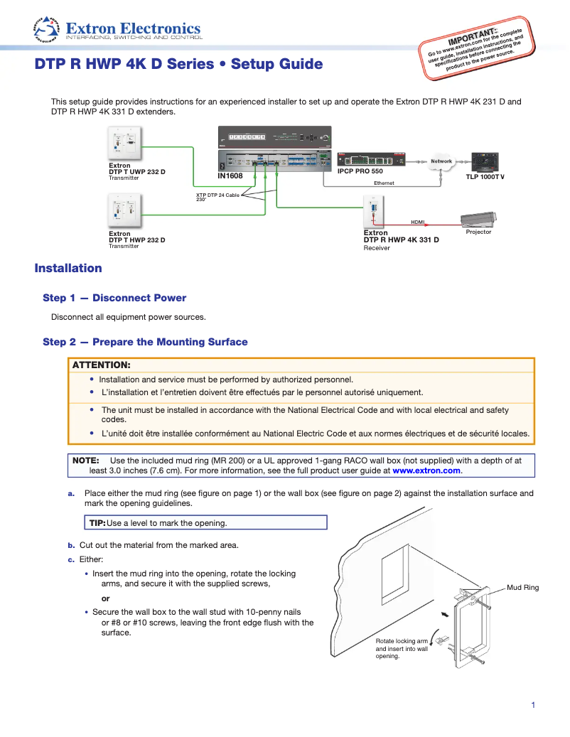 Page 1 de la notice Manuel utilisateur Extron DTP R HWP 4K 331 D