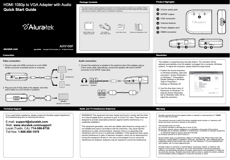 Page n°1 - Manuel utilisateur Aluratek AHV100F