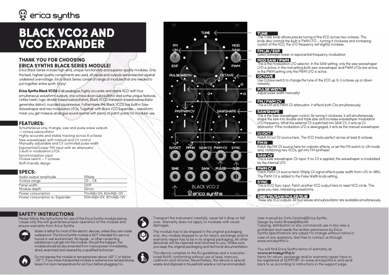 Page 1 de la notice Manuel utilisateur Erica Synths Black VCO2