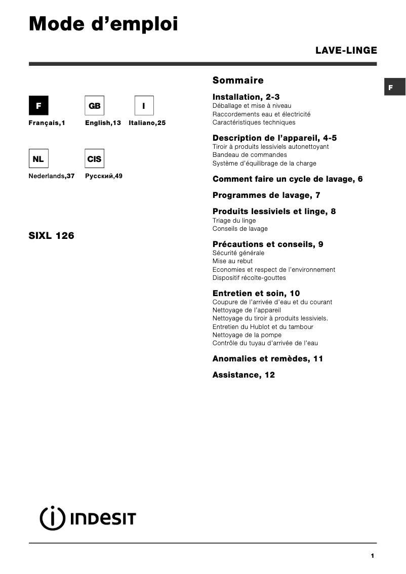 Page 1 de la notice Manuel utilisateur Indesit Moon Standard SIXL 126