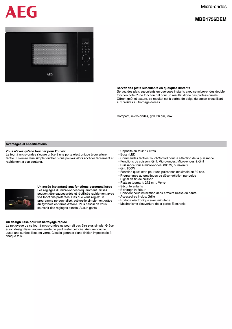 Page 1 de la notice Fiche technique AEG MBB1756DEM