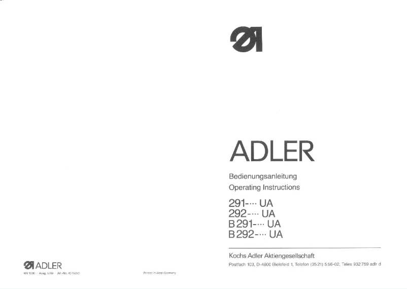 Page 1 of the manual User Manual Dürkopp Adler B291