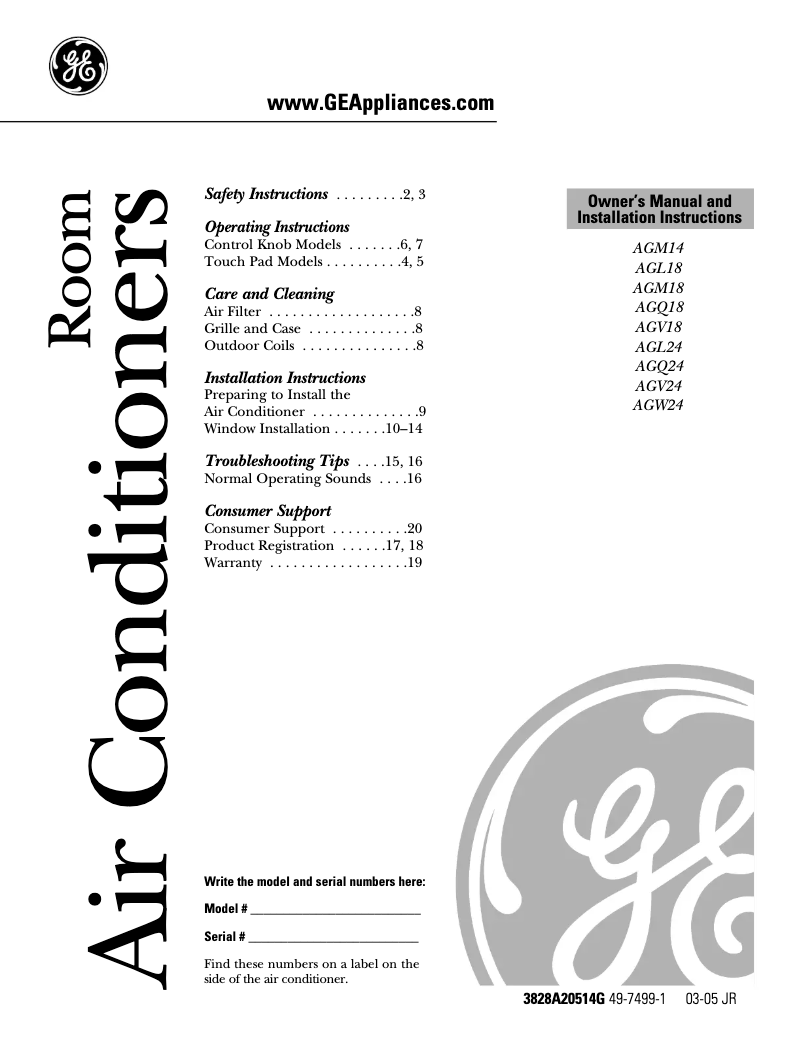 Page 1 de la notice Guide d'installation GE AGL18DC
