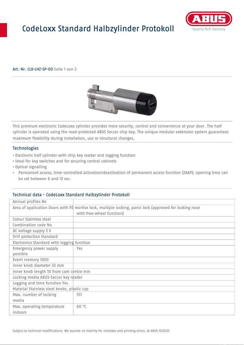 Page 1 de la notice Fiche technique Abus CLX-LHZ-SP-00