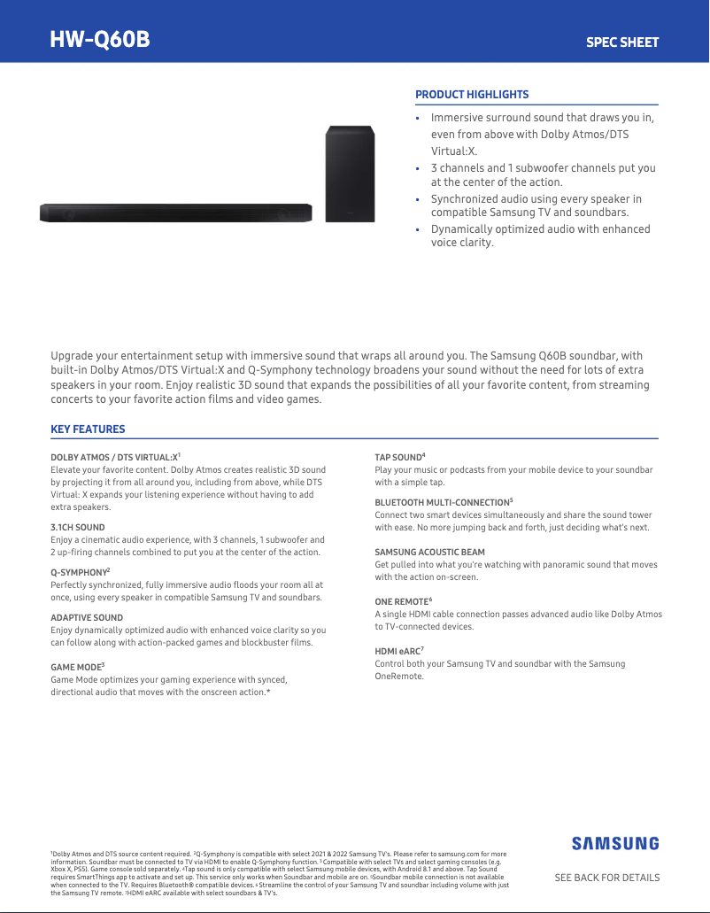 Page 1 de la notice Fiche technique Samsung HW-Q60B