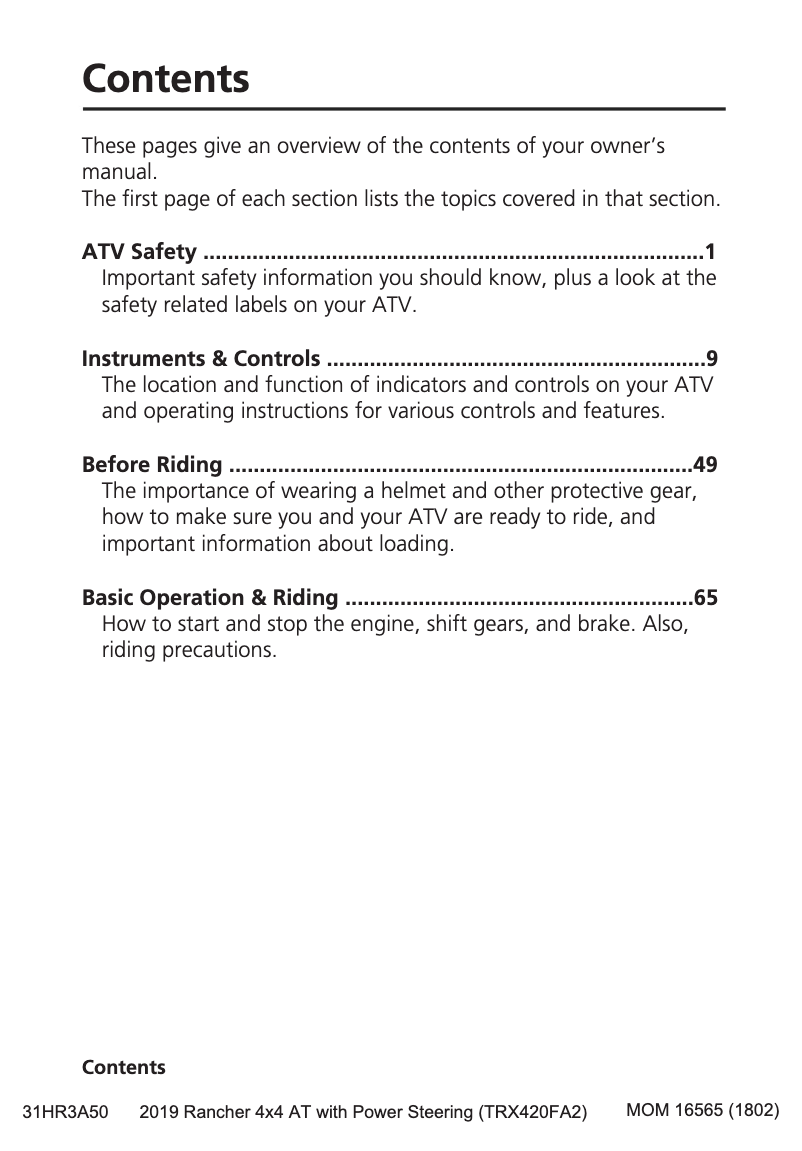 Página 1 del manual Manual de usuario Honda FourTrax Rancher TRX420FE1 (2019)