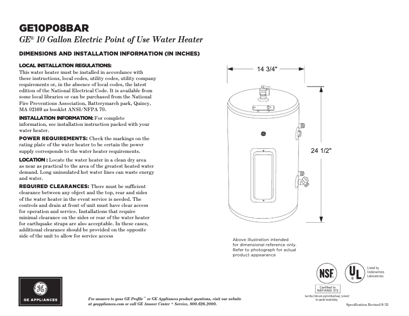 Page 1 de la notice Fiche technique GE GE10P08BAR