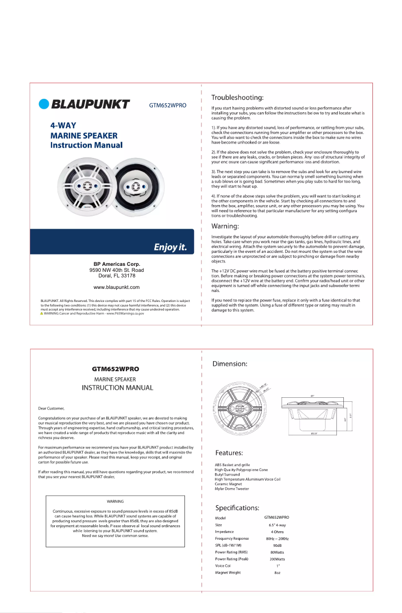 Page 1 de la notice Manuel utilisateur Blaupunkt GTM652WPRO
