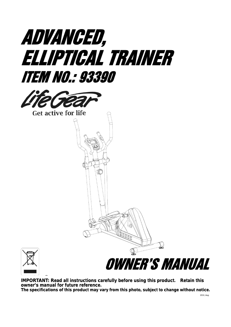 Image de la première page du manuel de l'appareil Advanced Elliptical Trainer 93390