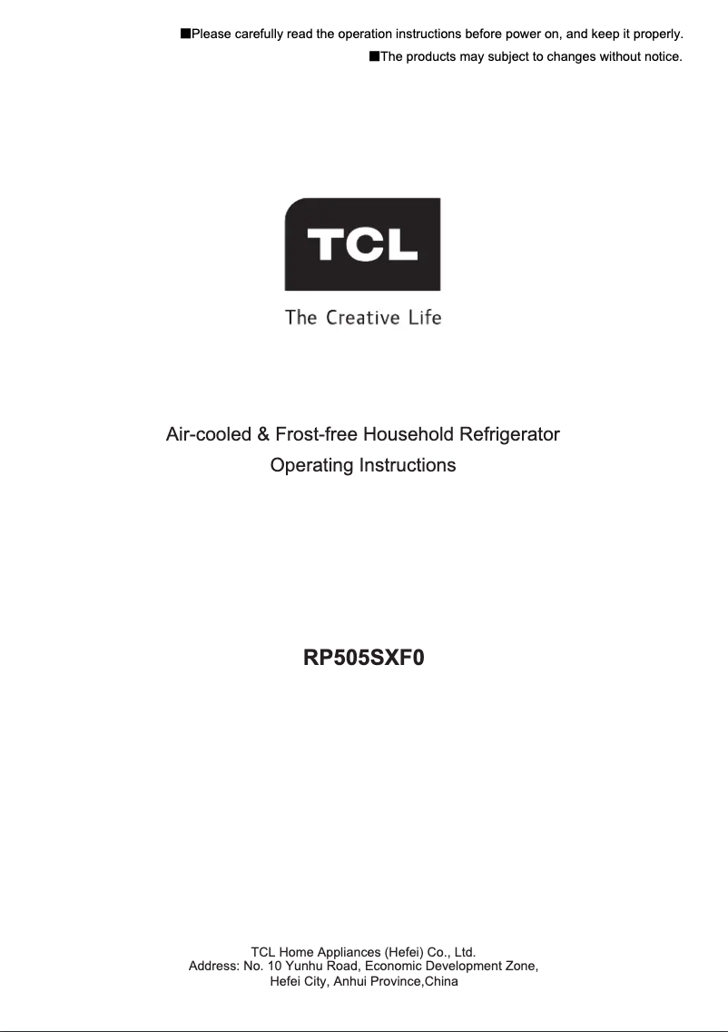 Page n°1 - Manuel utilisateur TCL RP505SXF0