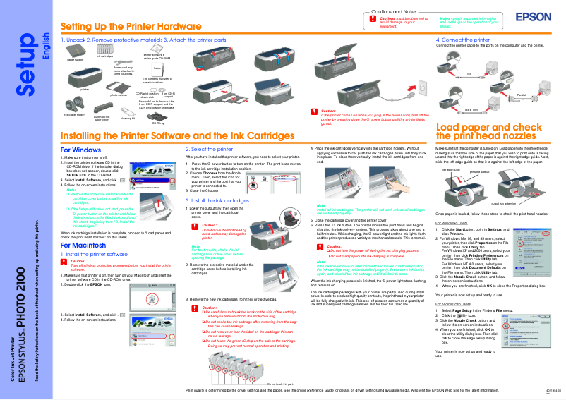 Page 1 de la notice Manuel utilisateur Epson Stylus Photo 2100