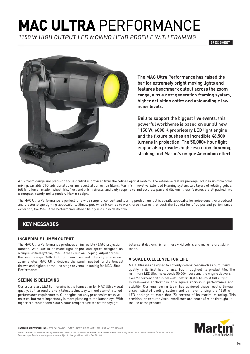 Page 1 de la notice Fiche technique Martin MAC Ultra Performance
