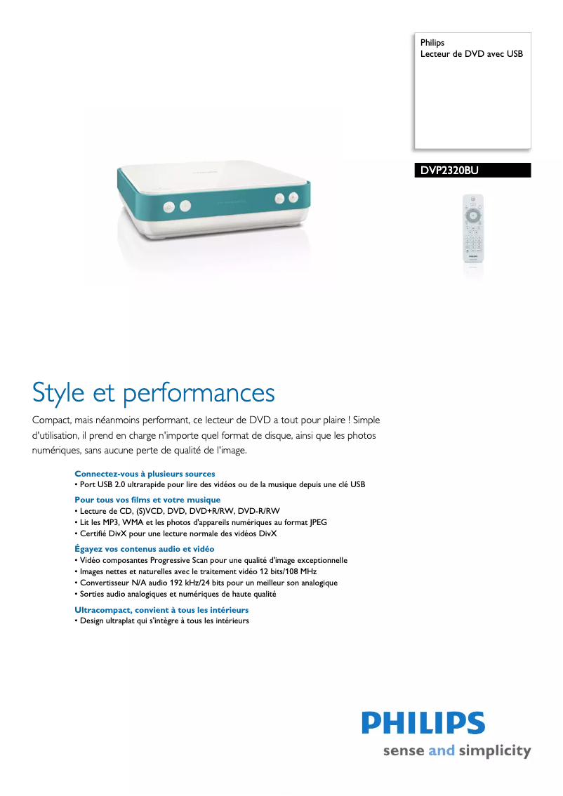 Page 1 de la notice Fiche technique Philips DVP2320BU