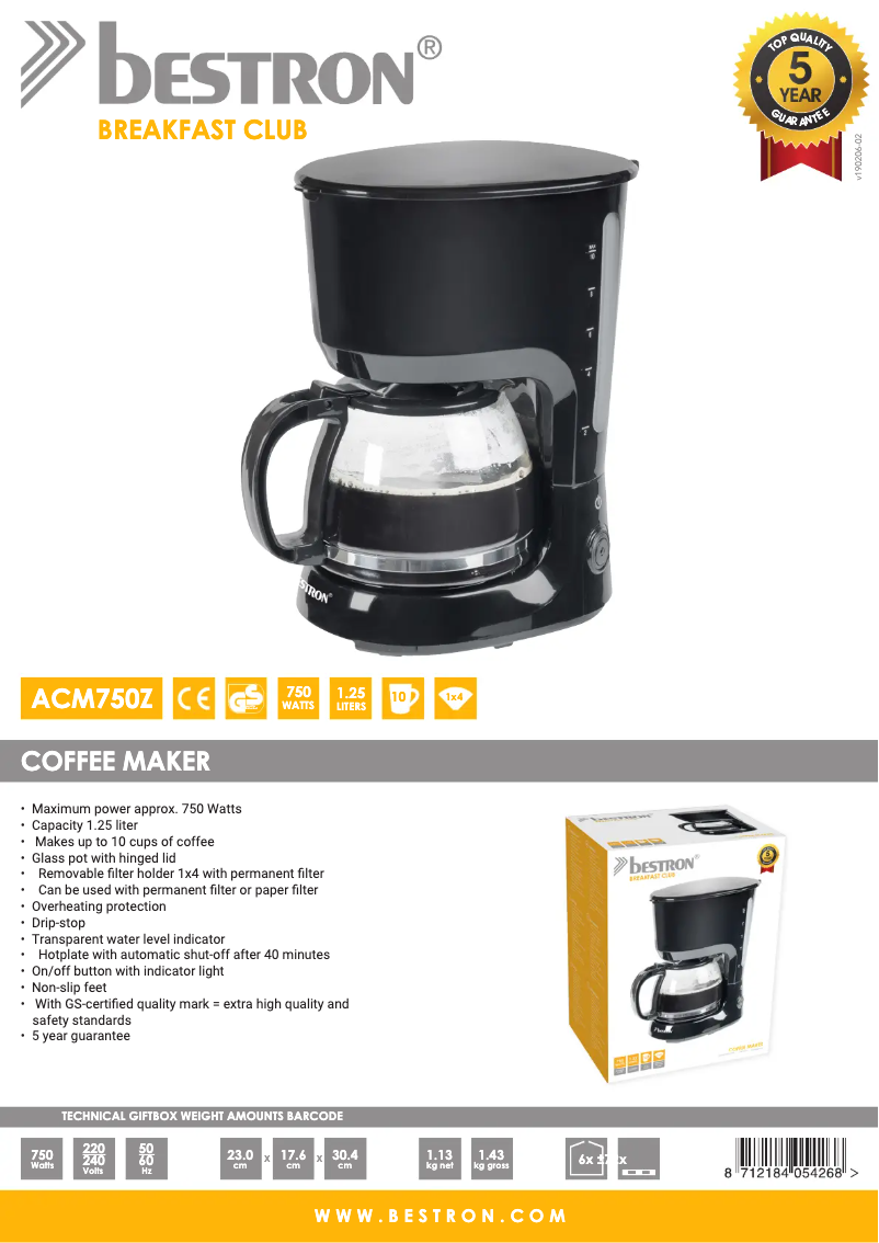 Page 1 de la notice Fiche technique Bestron ACM750Z