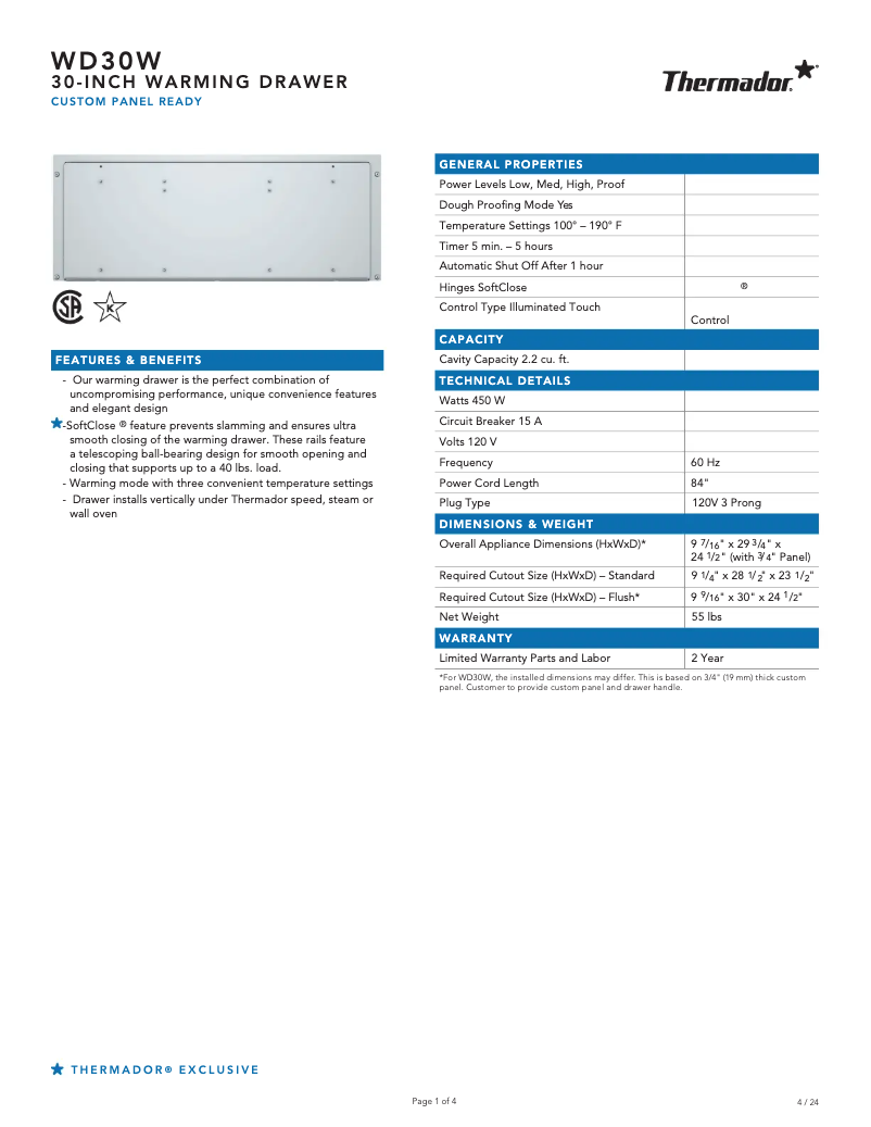 Page n°1 - Fiche technique Thermador WD30W