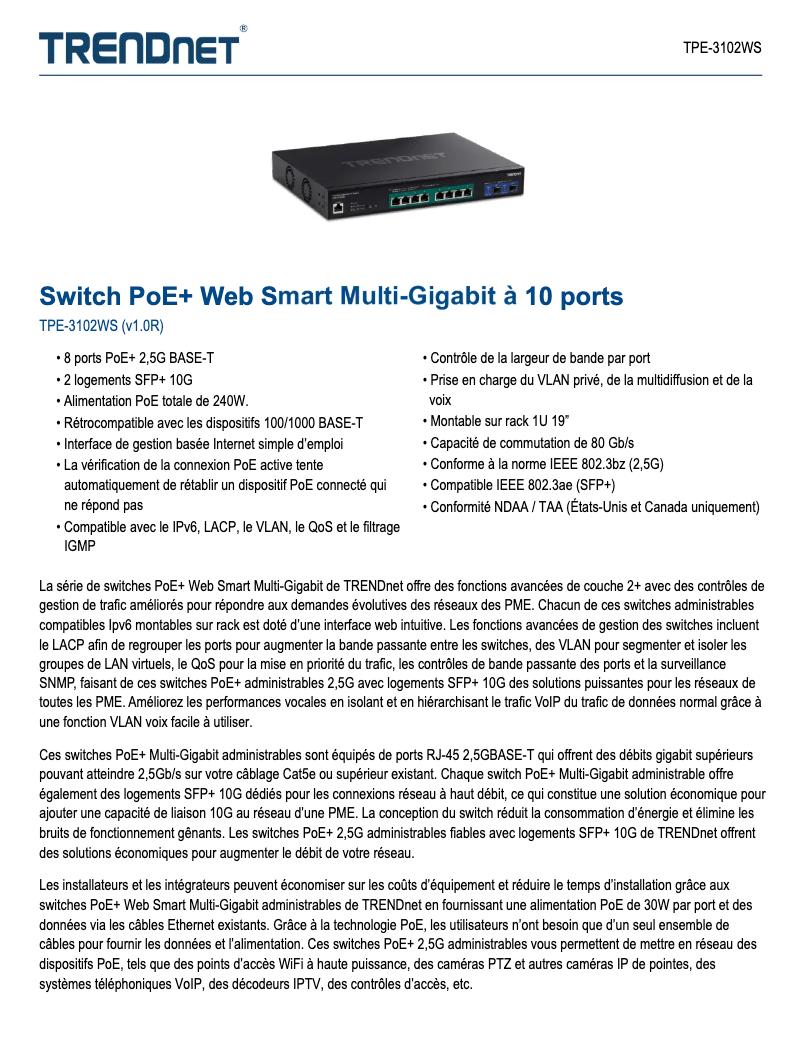 Page 1 de la notice Fiche technique TRENDnet TPE-3102WS