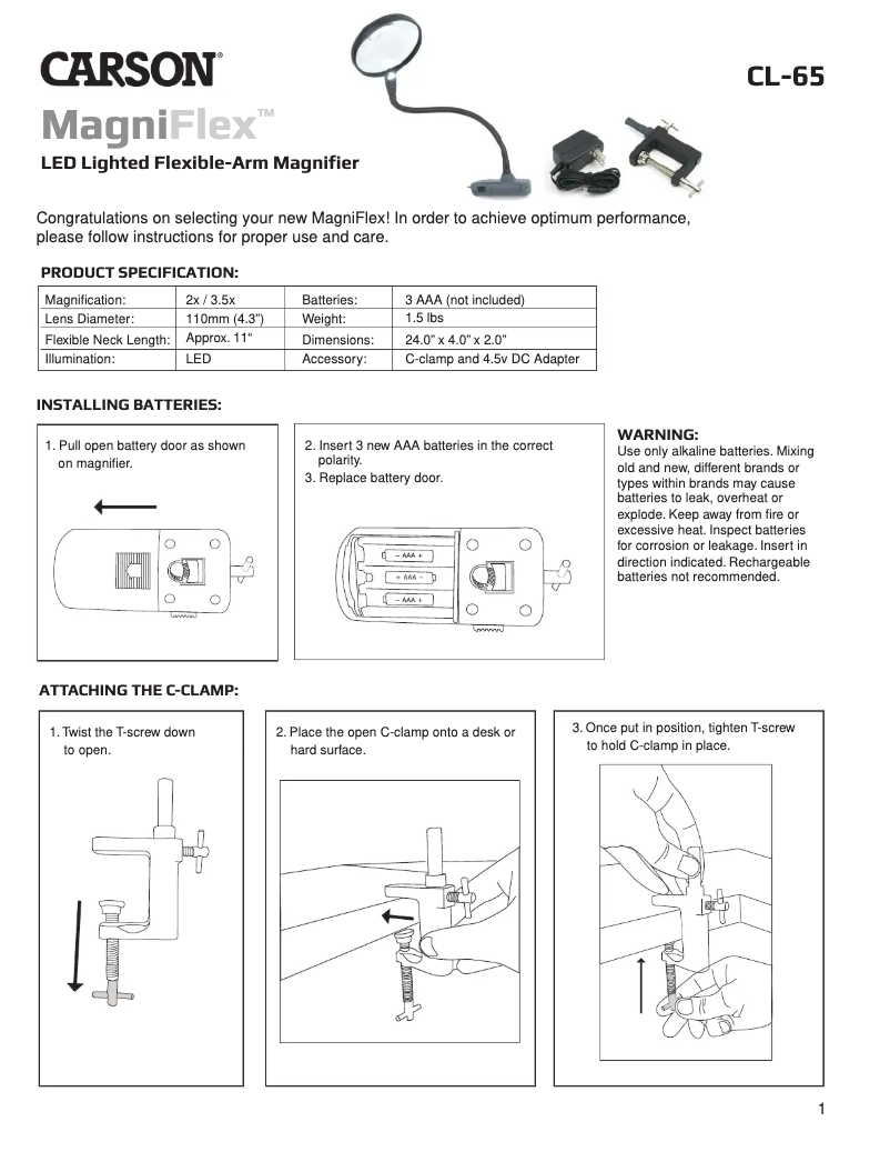 Page 1 de la notice Manuel utilisateur Carson MagniFlex CL-65
