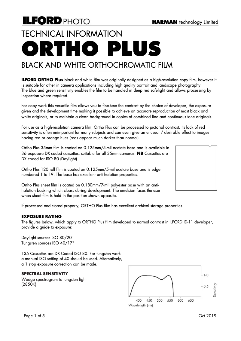 Page 1 de la notice Manuel utilisateur Ilford Ortho Plus