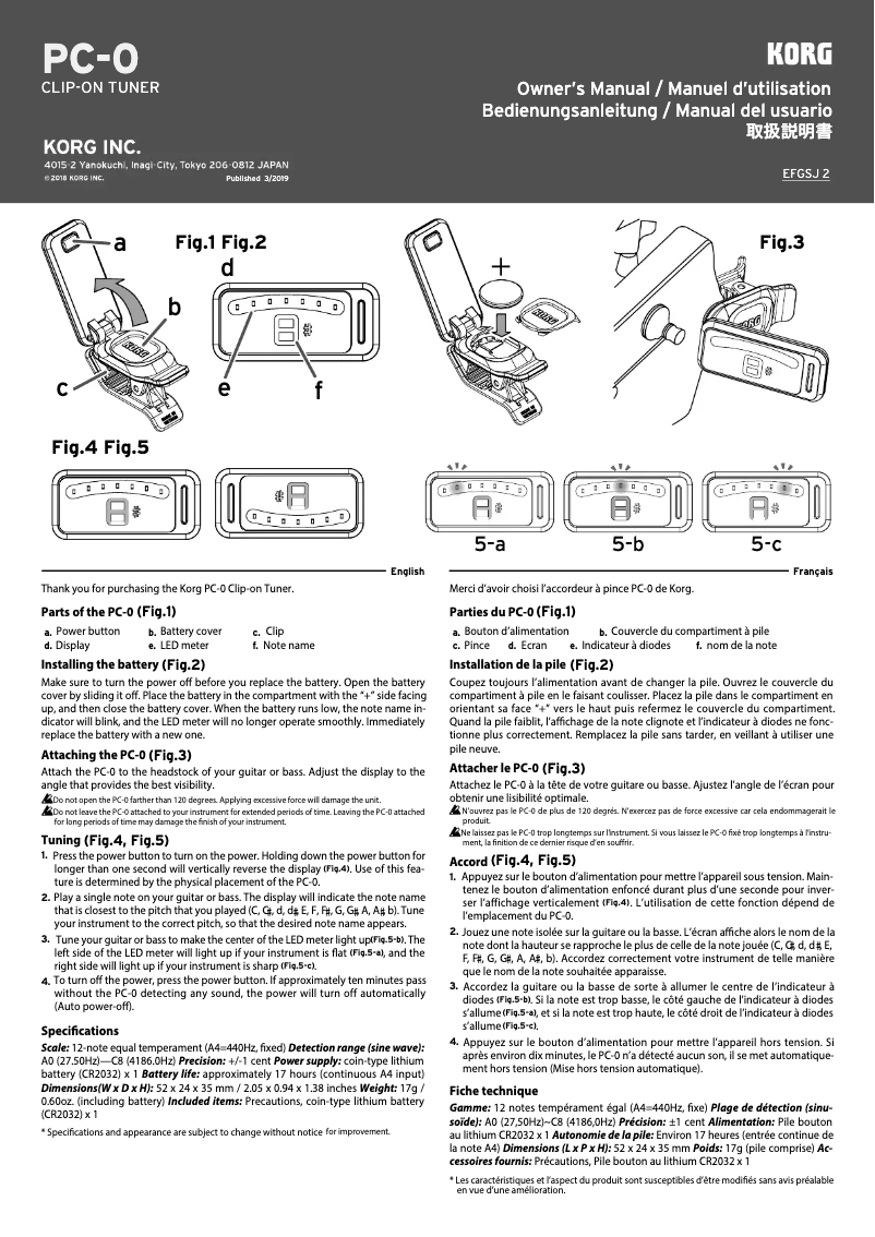 Page 1 de la notice Manuel utilisateur Korg PC-0