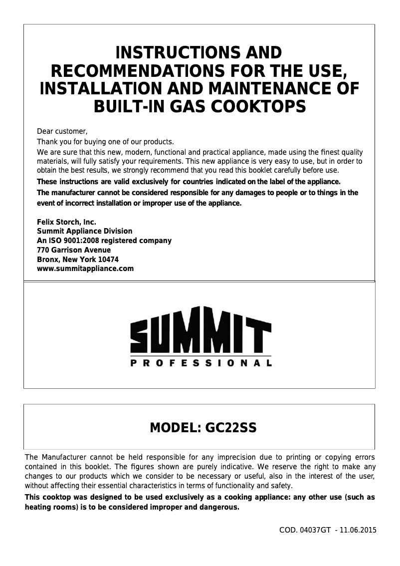 Page n°1 - Manuel utilisateur Summit GC22SS