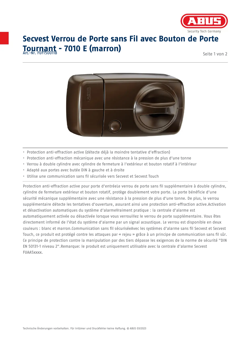 Page n°1 - Fiche technique Abus FUFT50011B