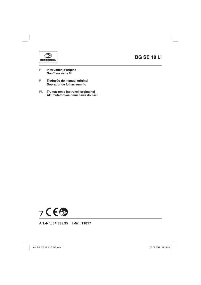 Page n°1 - Manuel utilisateur Bestgreen BG SE 18 Li