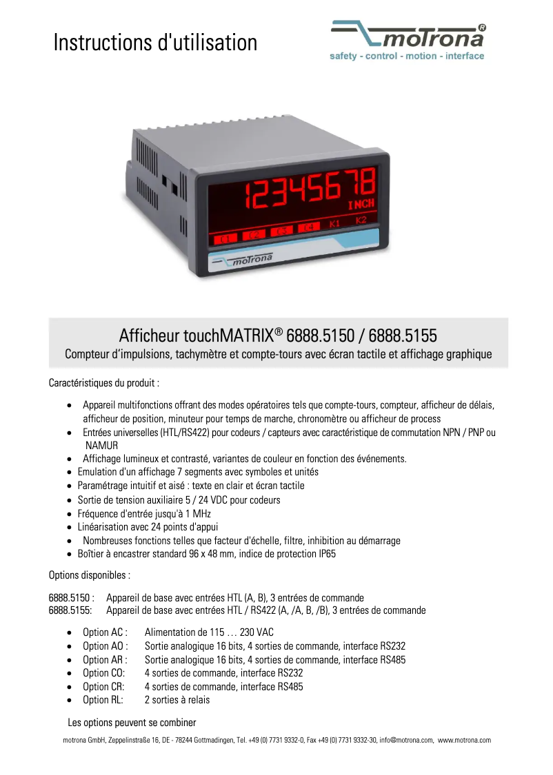 Page 1 de la notice Manuel utilisateur Motrona 6888.5150