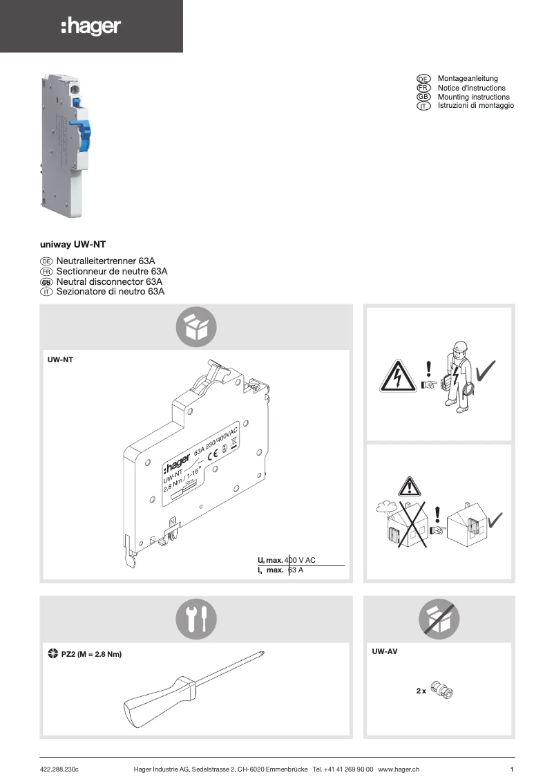 Page 1 de la notice Instructions / montage Hager UW-NT