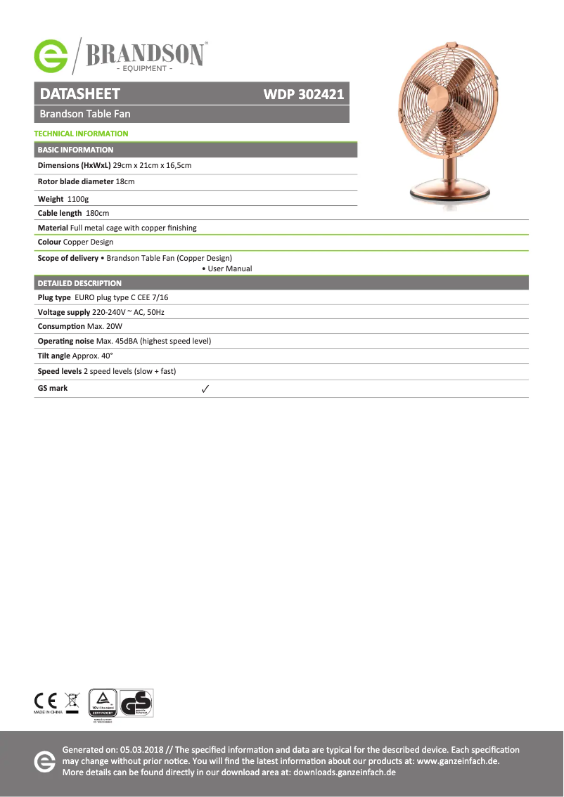 Page 1 de la notice Manuel utilisateur Brandson 303353