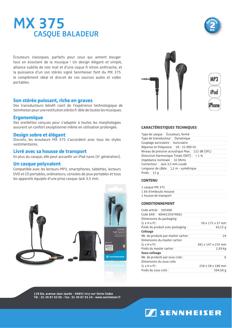 Page 1 de la notice Manuel utilisateur Sennheiser MX 375