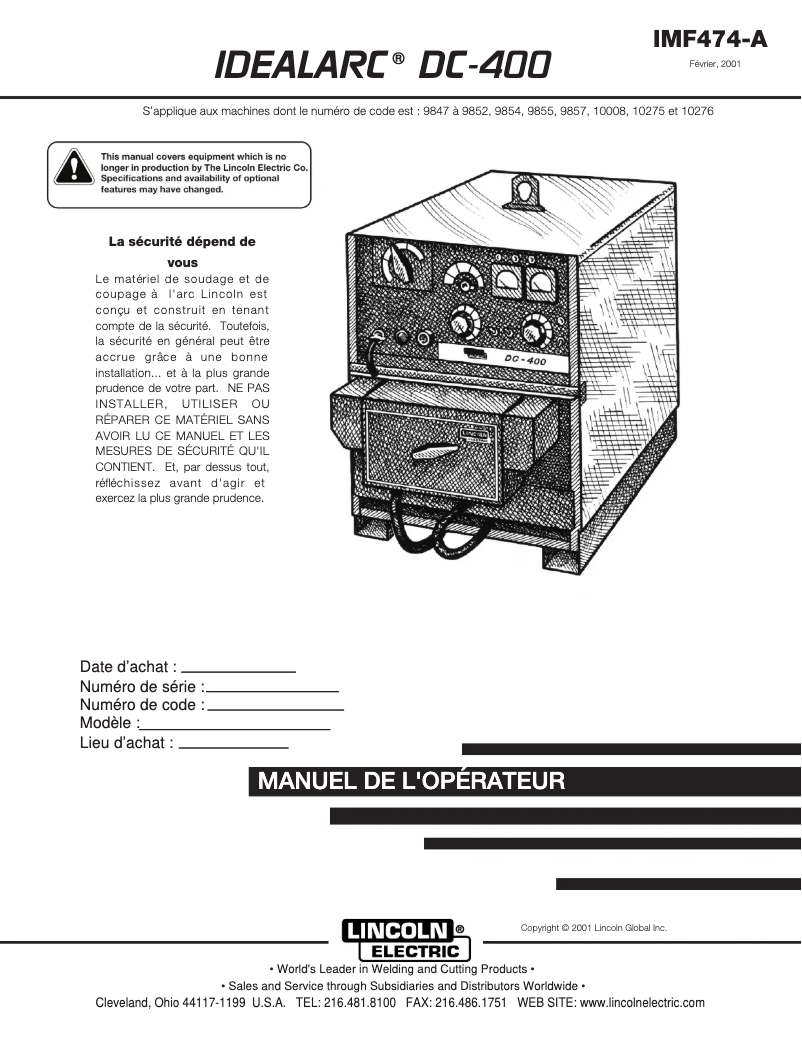 Página 1 del manual Manual de usuario Lincoln Electric Idealarc DC-400