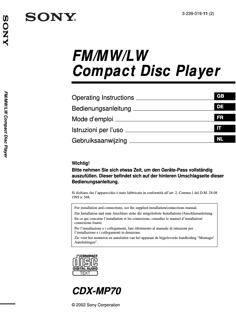 Page n°1 - Manuel utilisateur Sony CDX-MP70