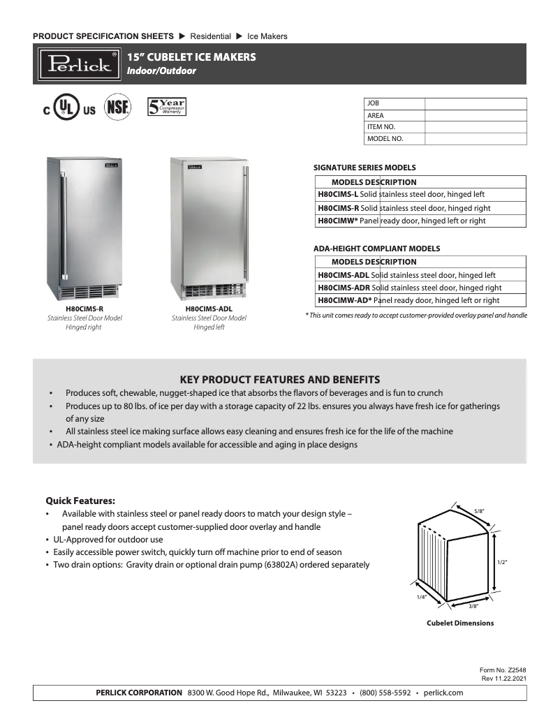 Page n°1 - Fiche technique Perlick H80CIMS-ADL
