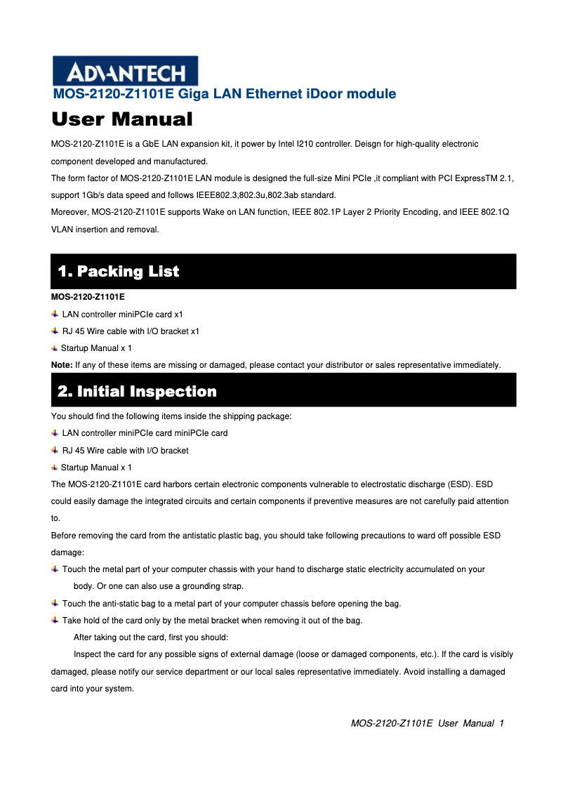 Page 1 de la notice Manuel utilisateur Advantech MOS-2120-Z1101E