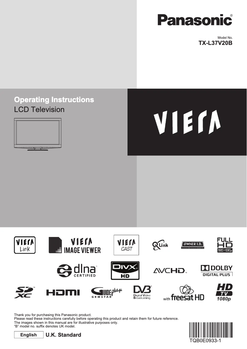 Page 1 de la notice Manuel utilisateur Panasonic Viera TX-L37V20B