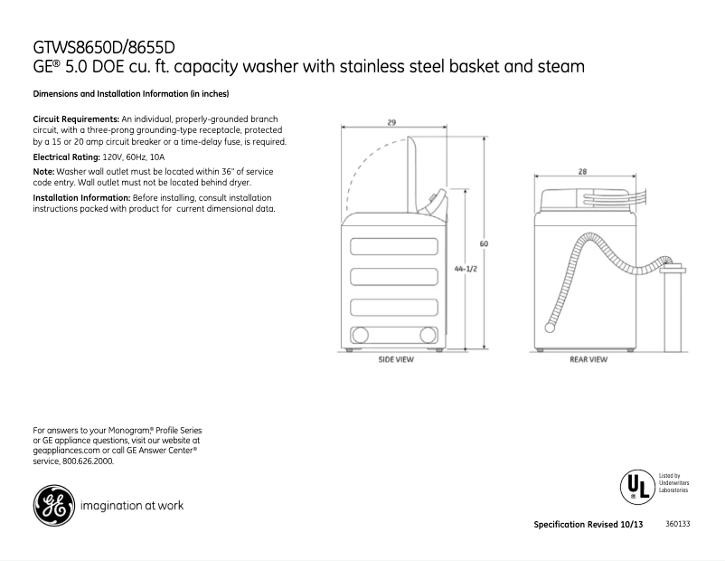 First page image of the manual for GTWS8655DMC