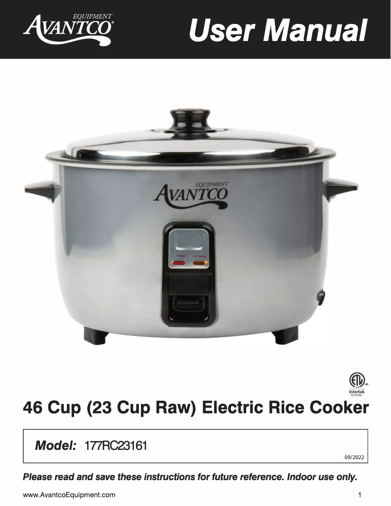 Page 1 de la notice Manuel utilisateur Avantco RC23161