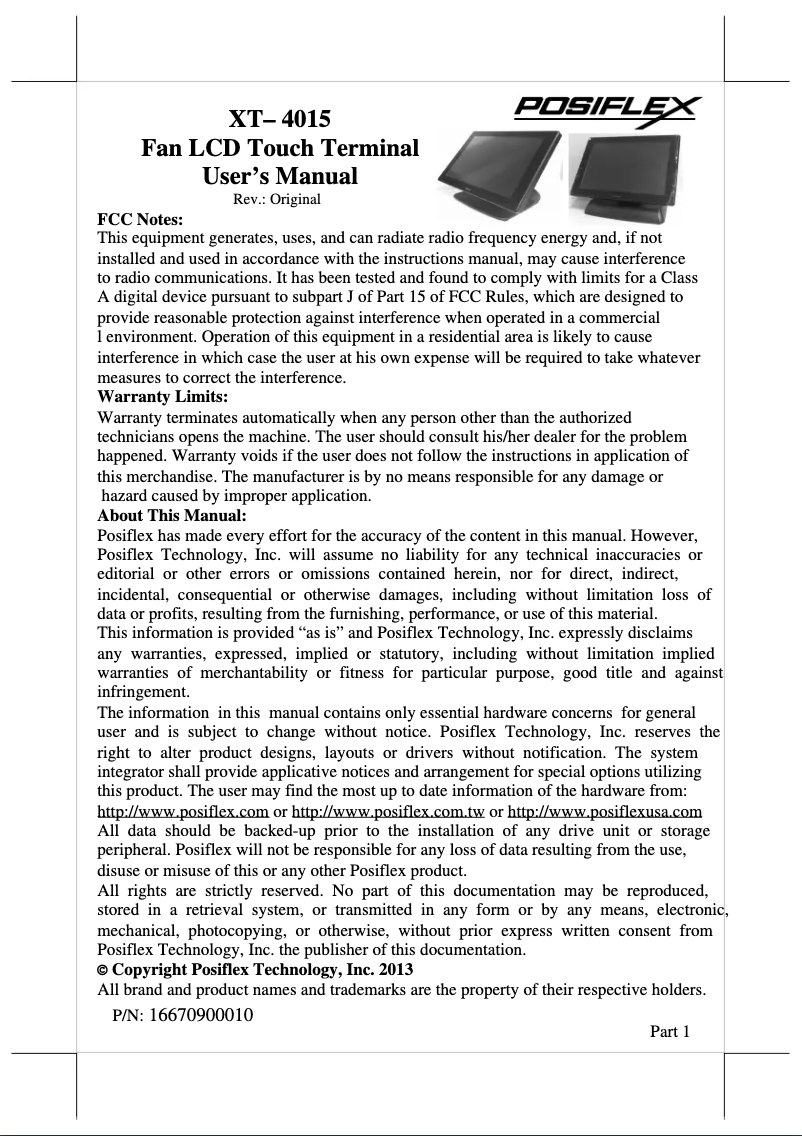 Page 1 de la notice Manuel utilisateur Posiflex JIVA XT-4015