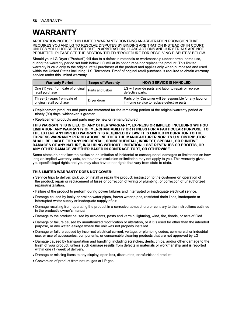Page 1 de la notice Informations de garantie LG DX4001W