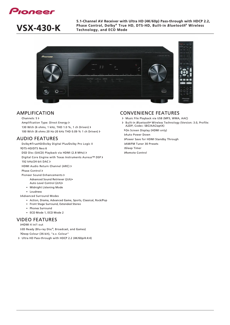 Page 1 de la notice Fiche technique Pioneer VSX-430