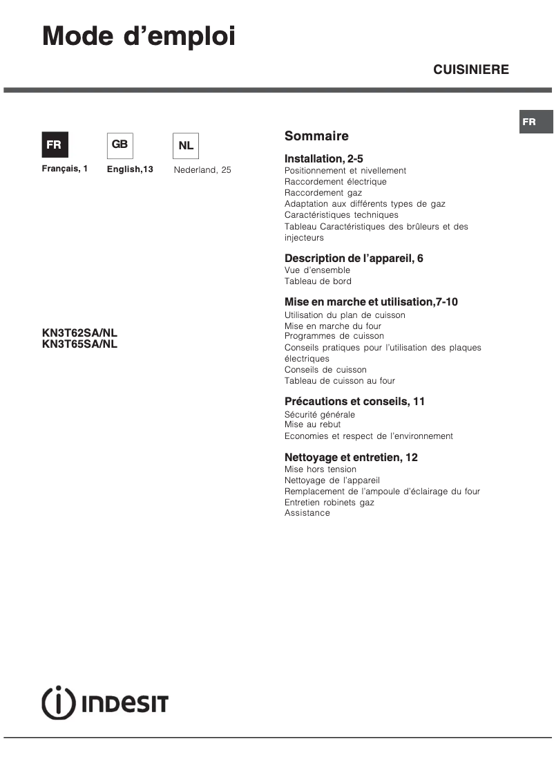 Page 1 de la notice Manuel utilisateur Indesit KN3T62SA