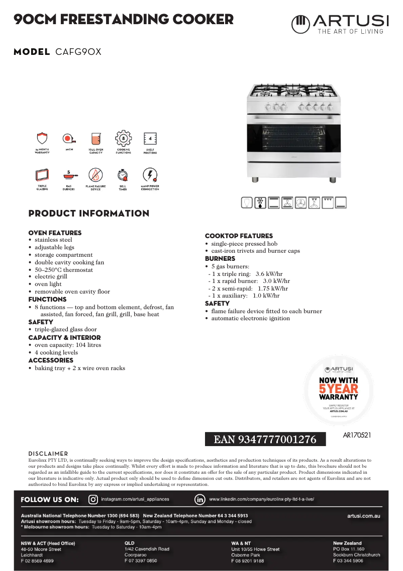 Page 1 de la notice Fiche technique Artusi CAFG90X
