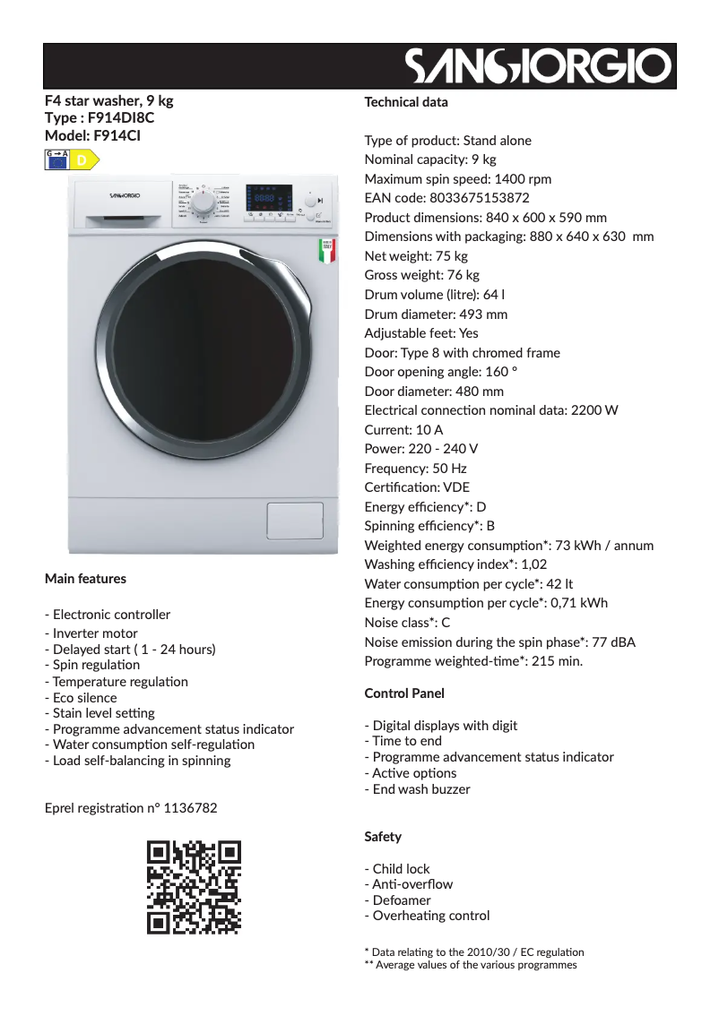 Page 1 de la notice Fiche technique SanGiorgio F914DI8C