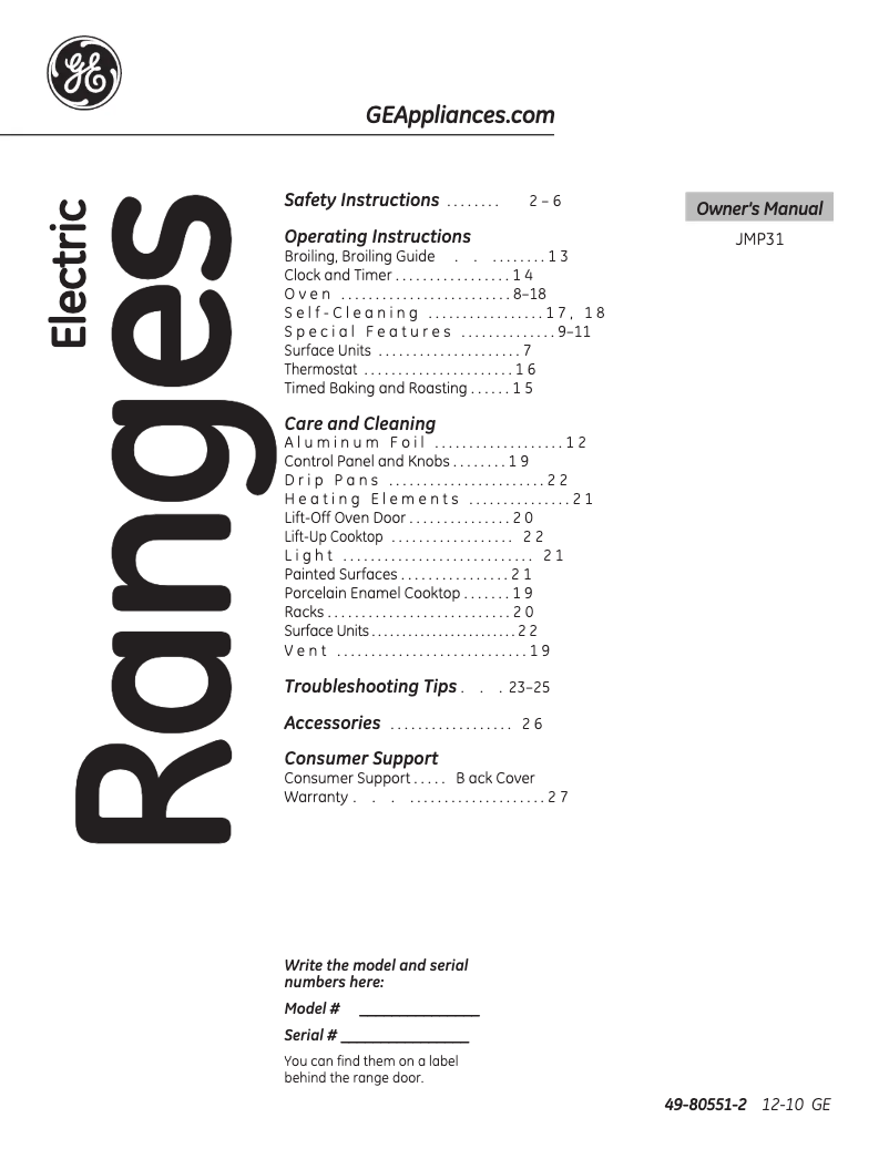 Page n°1 - Manuel d'utilisation et d'entretien GE Profile JMP31WAWW