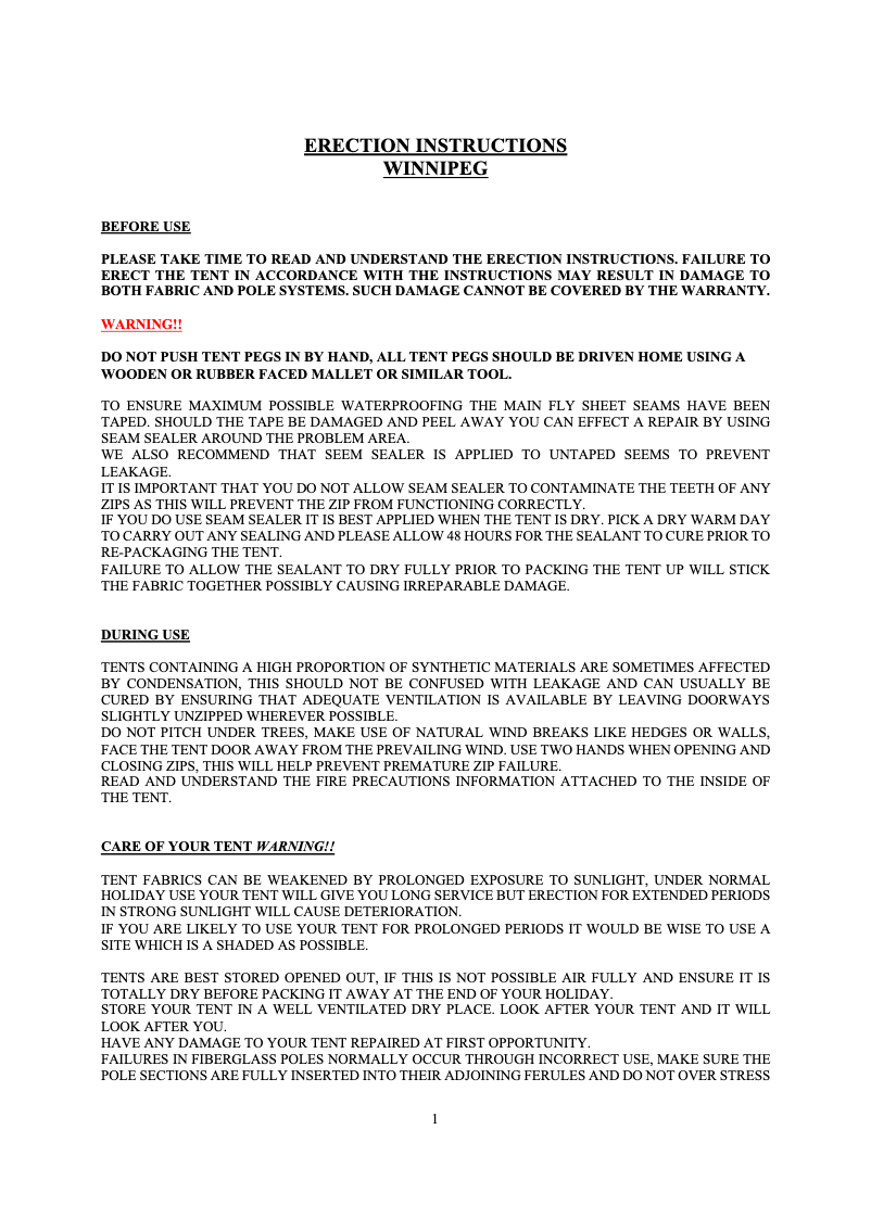 Page n°1 - Manuel utilisateur Khyam Winnipeg