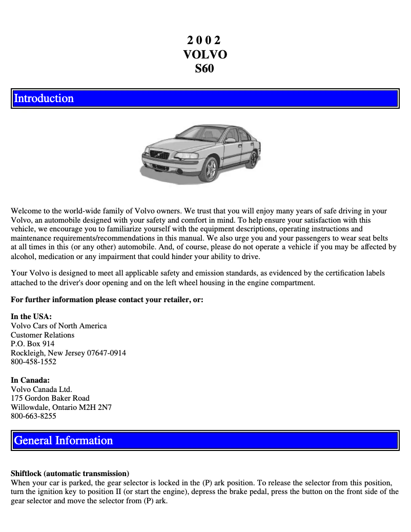 Page 1 de la notice Manuel utilisateur Volvo S60 (2002)
