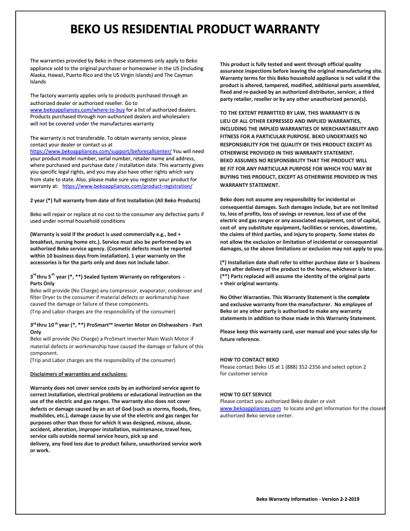 Page 1 de la notice Informations de garantie Beko WMY10148C2